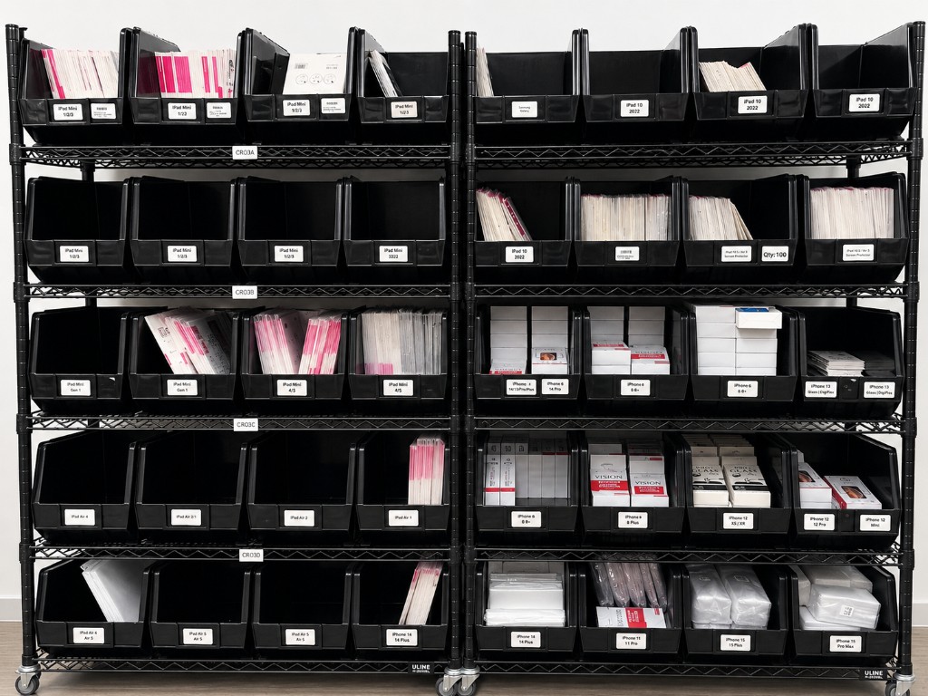 Labeled warehouse bins organized by device model and accessory type