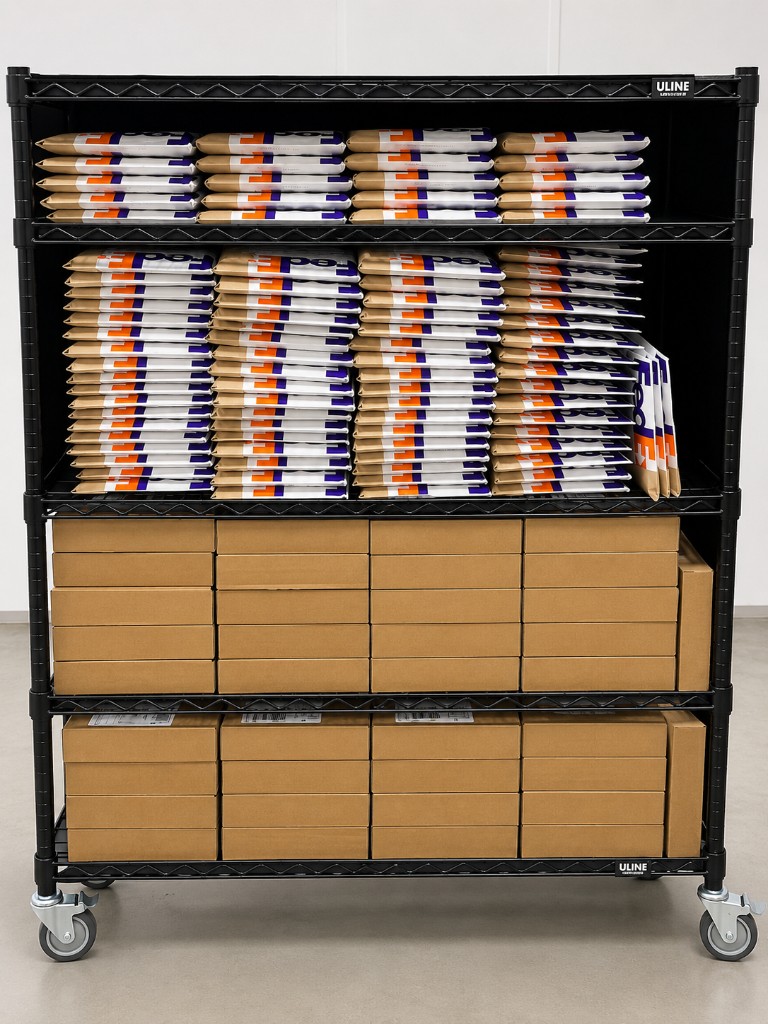 Shipping cart stocked with boxes and padded mailers ready for fulfillment